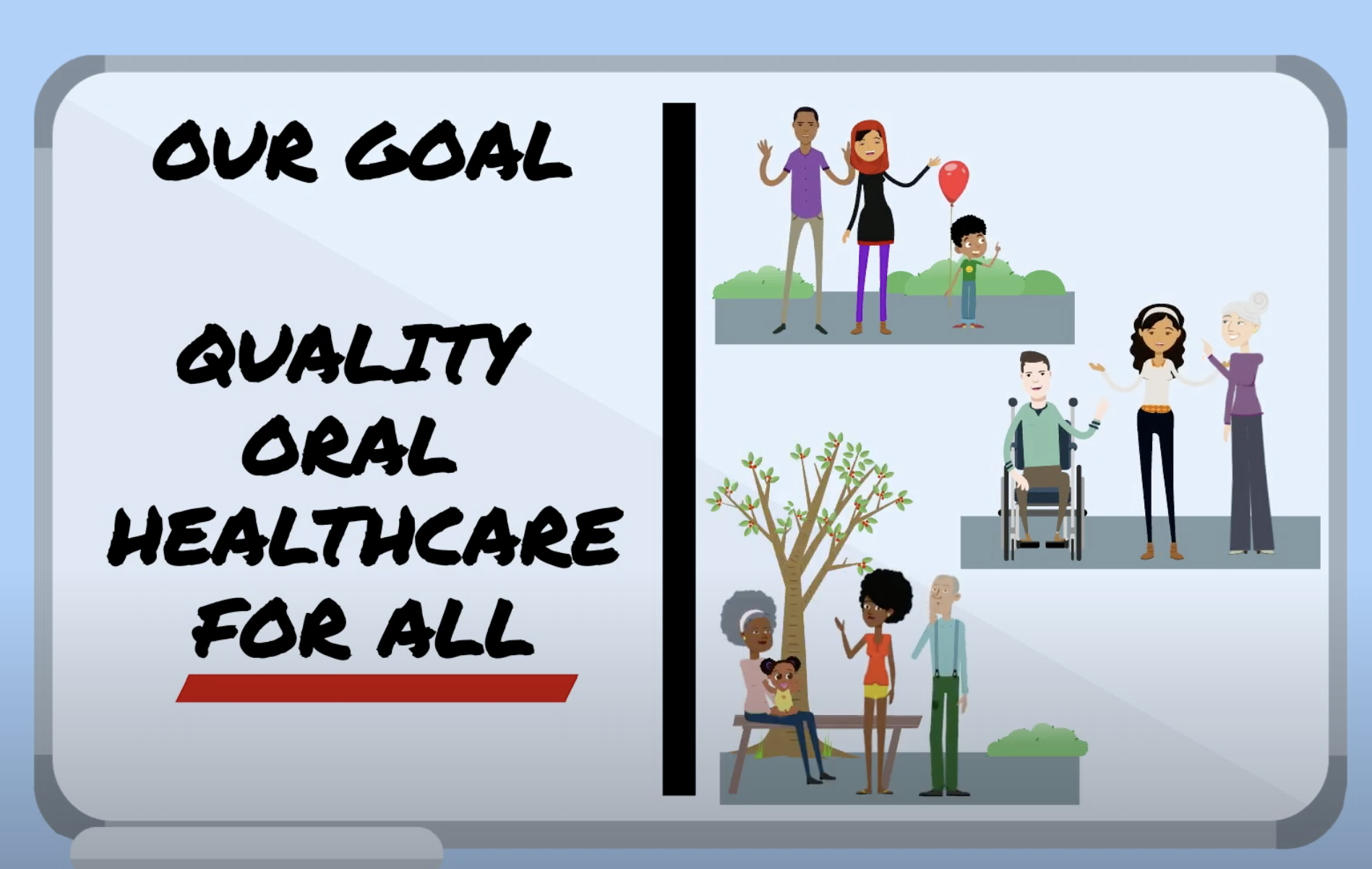 Our Goal: Quality Oral Health Care for All written on a whiteboard with drawings of 3 communities representing different racial and ethnic backgrounds, ages, and abilities.