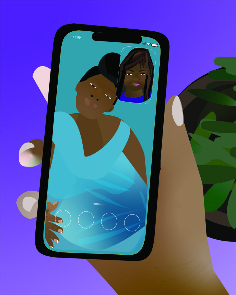 Community Based Doulas described to us how the doulas are available for support around the clock and that they commonly communicate via phone or facetime. This scene is depicting a doula supporting a mom.