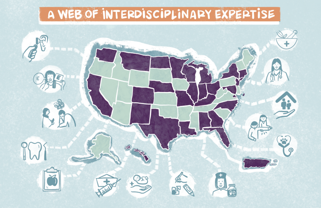 Map of the U.S. and its territories with the titled A Web of Interdisciplinary Expertise with the 28 states and territories Clinical Scholars projects took place highlighted along with icons of the health disciplines they work in.